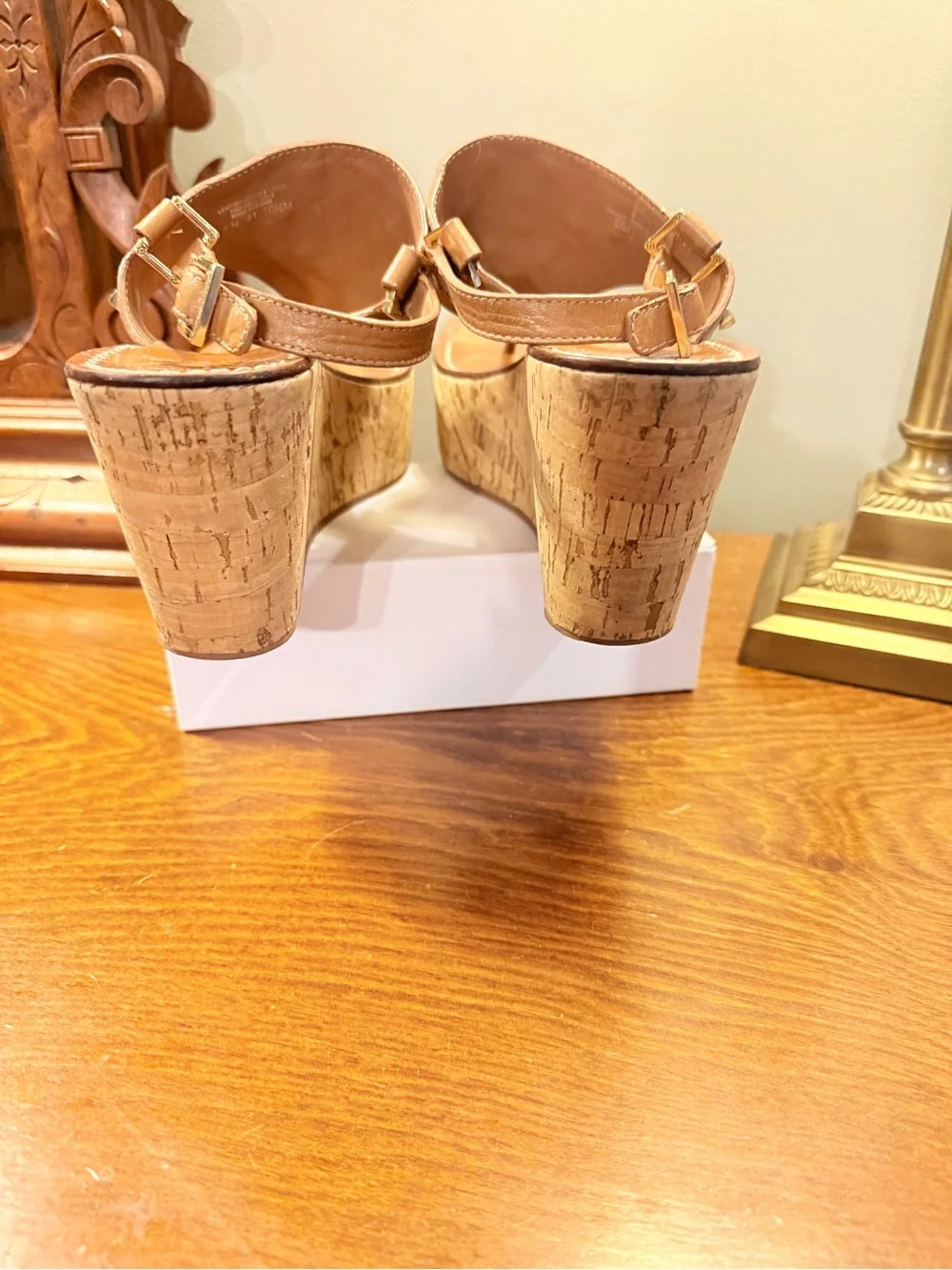 Tory Burch Cognac Leather Platform Cork Wedge Thong Sandals Gold Studs Size 10.5